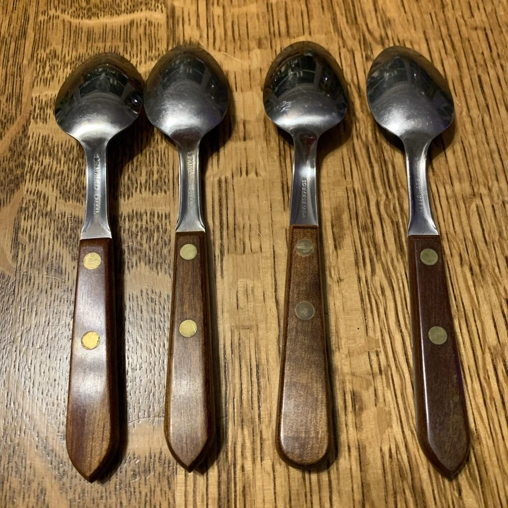 Set of 4‎ Teaspoons MCM Tableware Set /Wood Handles Stainless Usa